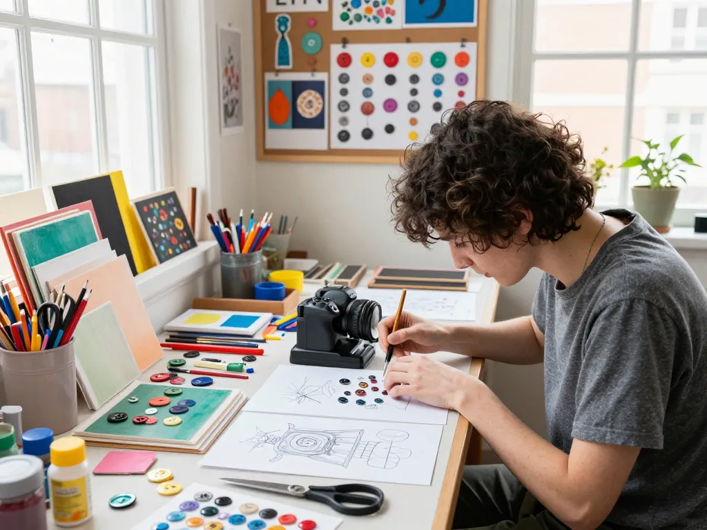 Creative artist designing custom button pins in a colorful studio with vibrant materials.