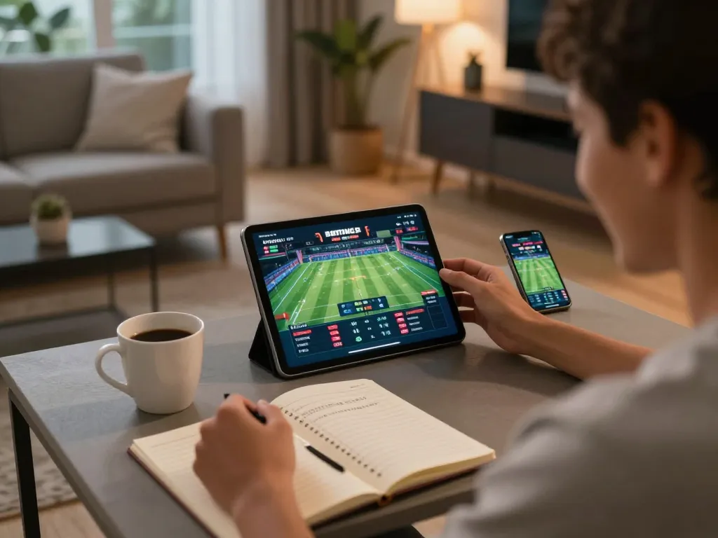Engaging in bongdalu sports betting on a tablet in a cozy living room