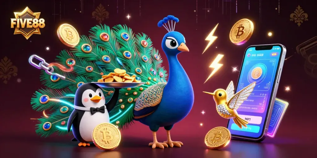 Engage with exciting games at FIVE88 while witnessing the magical peacock, butler penguin, and hummingbird.