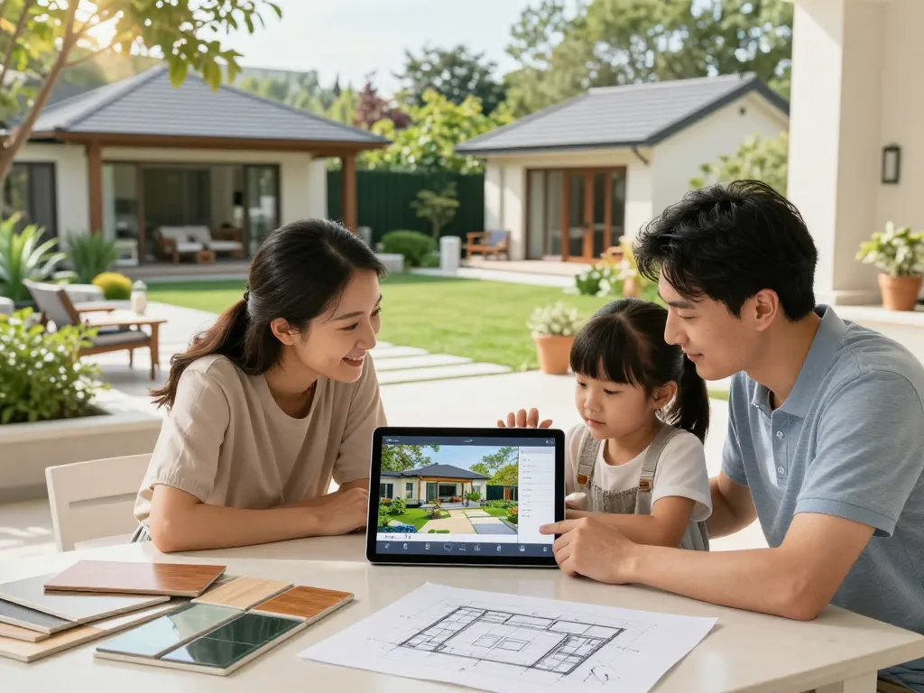 Family engaging with a veranda configurator on a tablet, exploring outdoor design options in a sunny garden.