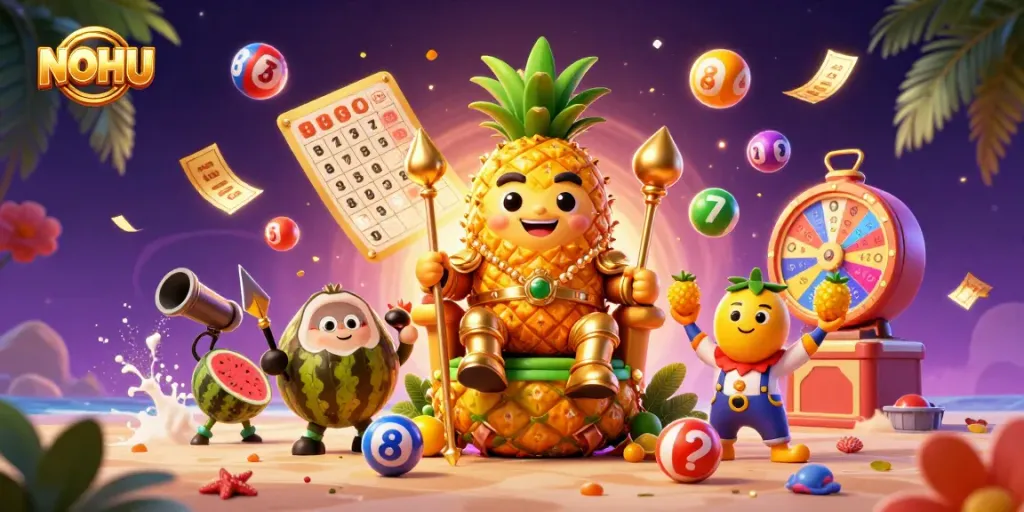 Engage in thrilling gameplay at NOHU with a vibrant 3D casino scene featuring characters and colorful lottery elements.