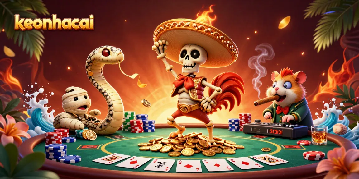 Keonhacai illustrated scene with 3D cartoon characters celebrating and playing high-stakes poker.