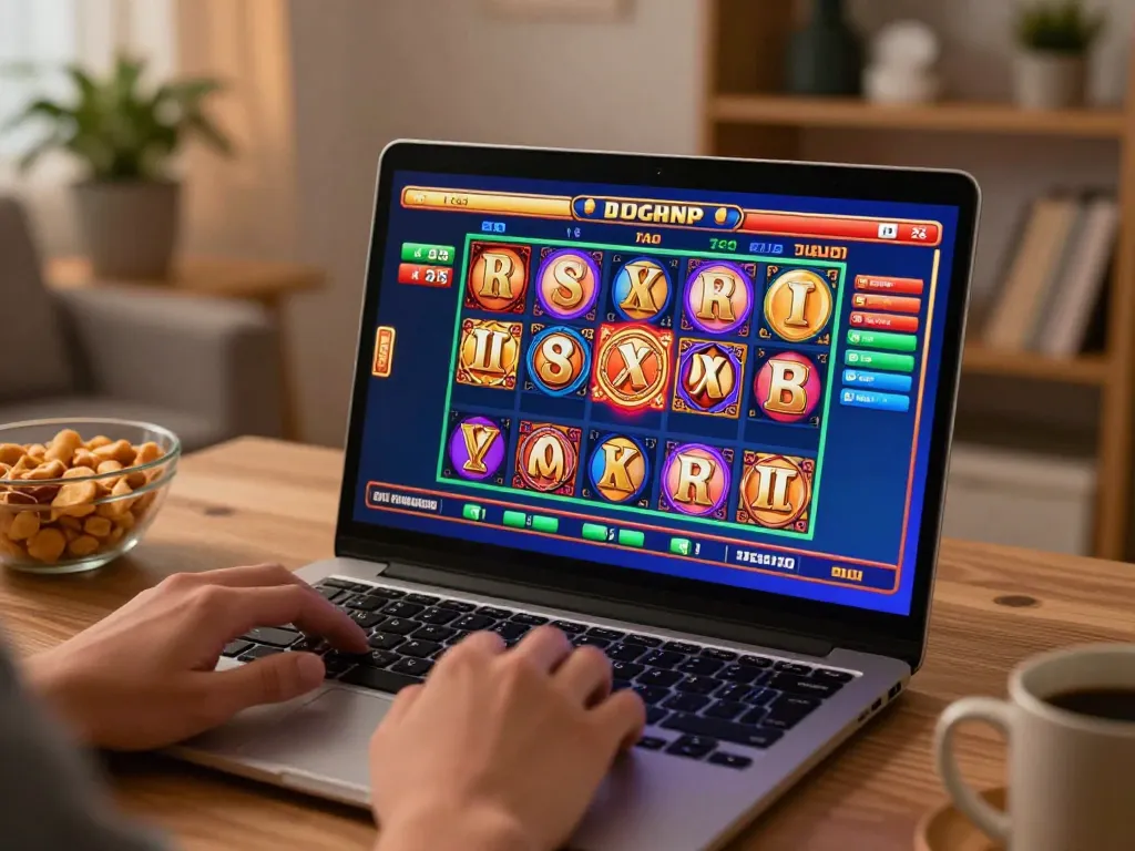 Engaged player ready to bet on raja slot while enjoying a cozy home environment.