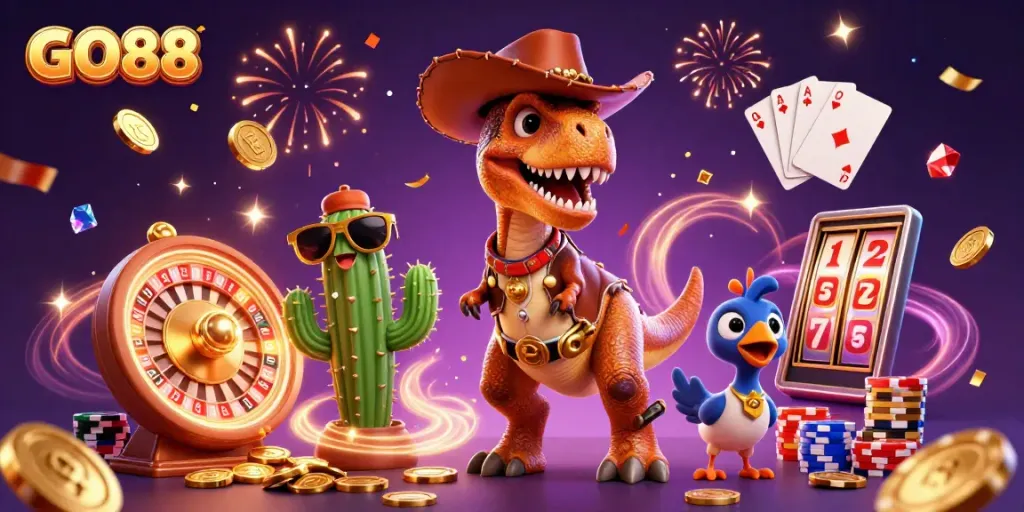 Enjoy the thrilling gaming experience at GO88 with a fantastical 3D casino scene with vibrant elements.