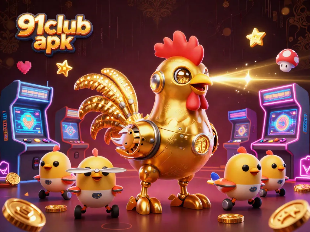 Experience fun with 91club apk featuring a golden rooster robot in a vibrant casino-themed scene.