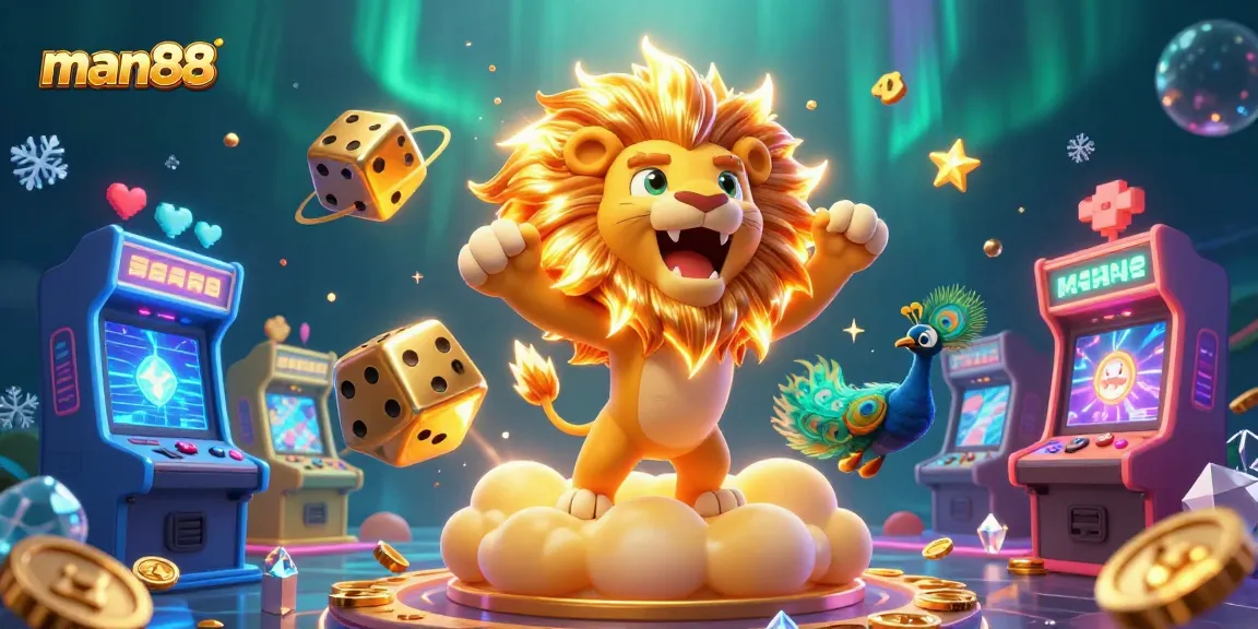 Engage with man88 featuring a roaring golden lion and dynamic casino elements in a vibrant 3D illustration.