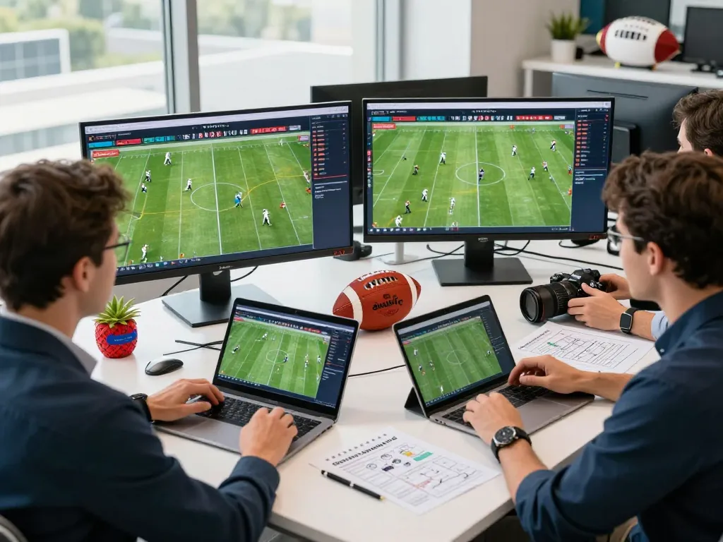 Nowgoal professionals analyzing live football data with screens displaying real-time scores and statistics.