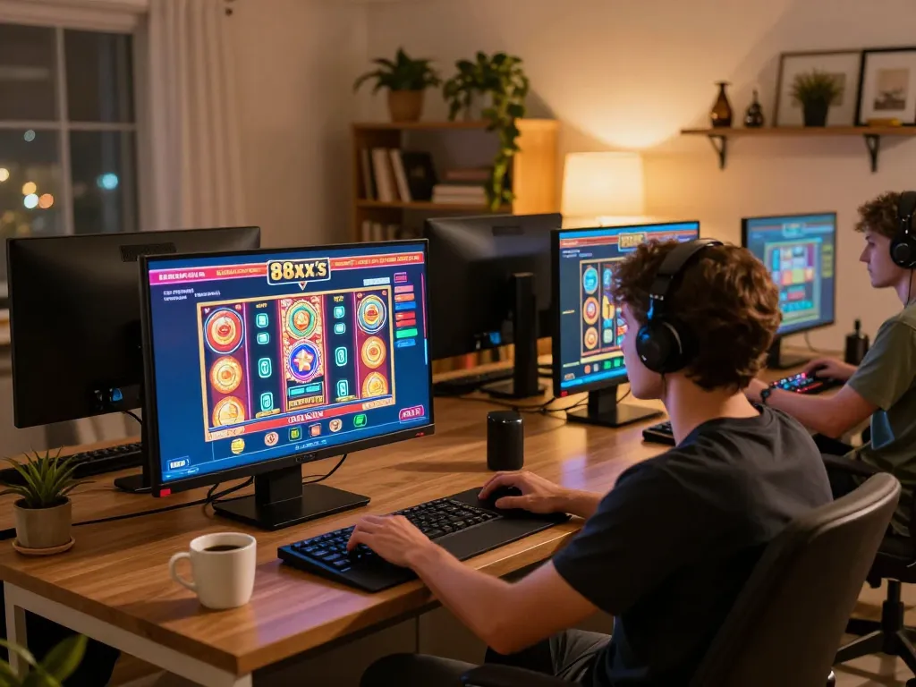 Player enjoying online slots at 88xx in a cozy living room, showcasing engaging gameplay experience.