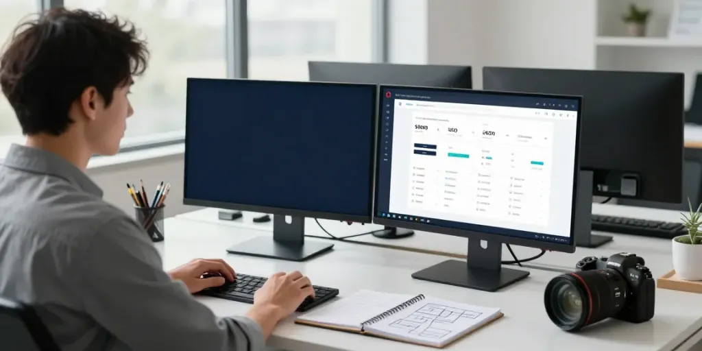 Young professional engaged in instant indexing tasks at a modern digital workspace.