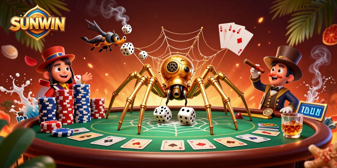 SUNWIN players enjoy a vibrant 3D casino scene with a golden spider, poker elements, and Victorian character in action.