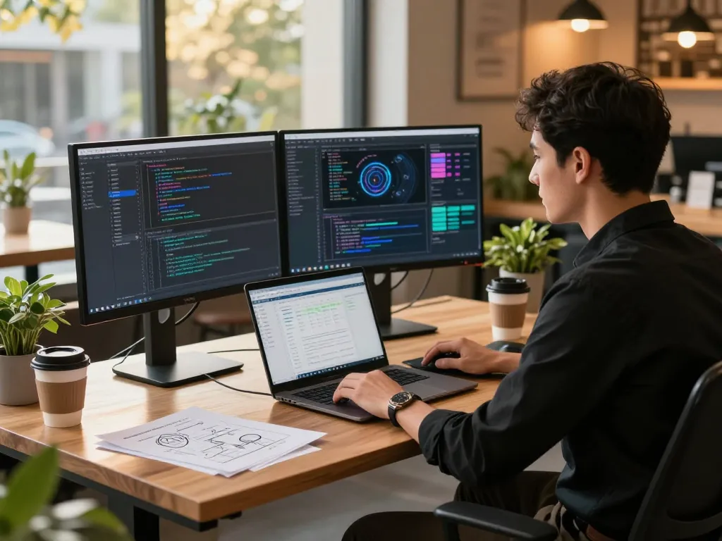 快连 network acceleration solution showcased in a modern tech workspace with vibrant coding interfaces.