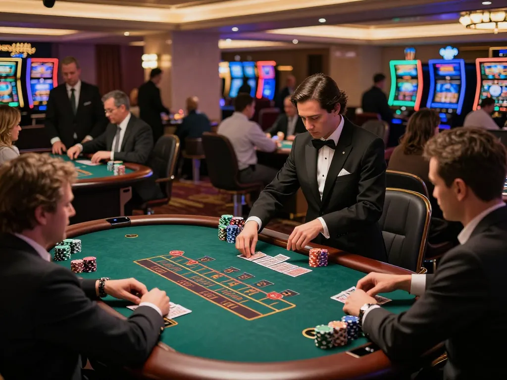 Engaged players at https://da88up.com/ strategically betting on blackjack in an upscale casino atmosphere.