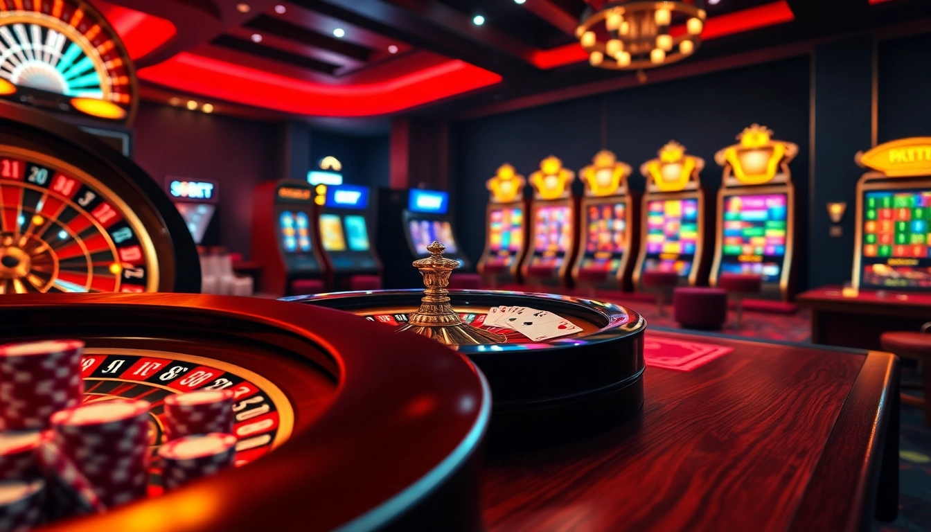 Experience high-stakes gaming at 89BET with a luxurious casino atmosphere filled with roulette wheels and poker chips.