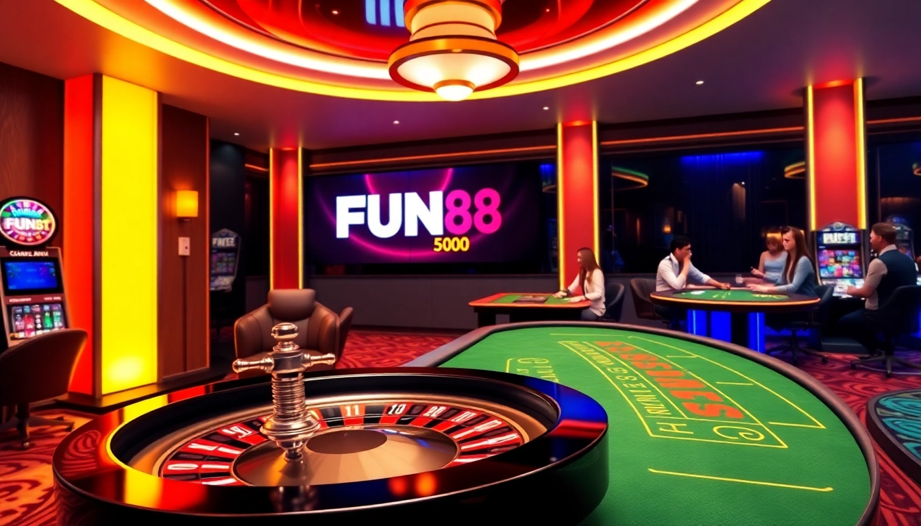 High-energy online gambling scene at https://fun88.supply/, featuring roulette, poker, and vibrant player engagement.
