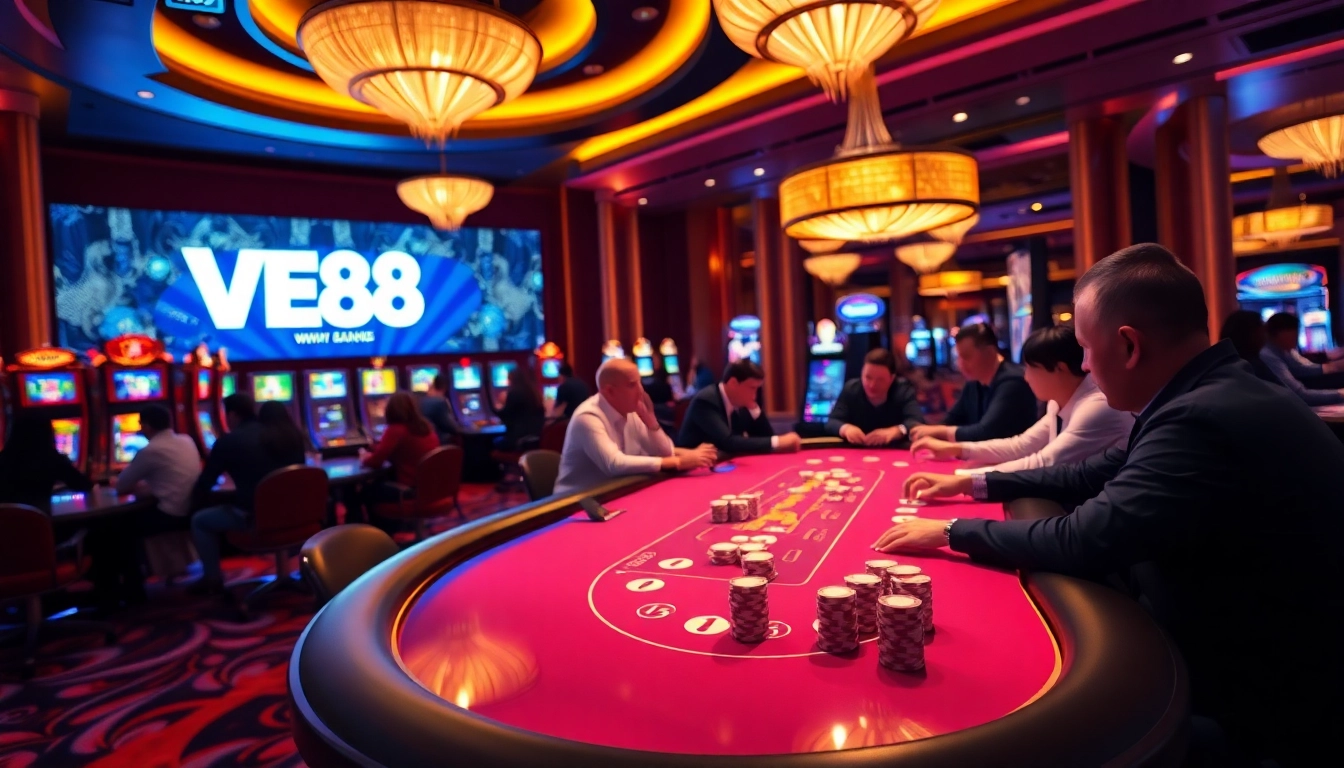 WE88 players experiencing thrilling gameplay at a vibrant casino table with poker chips.