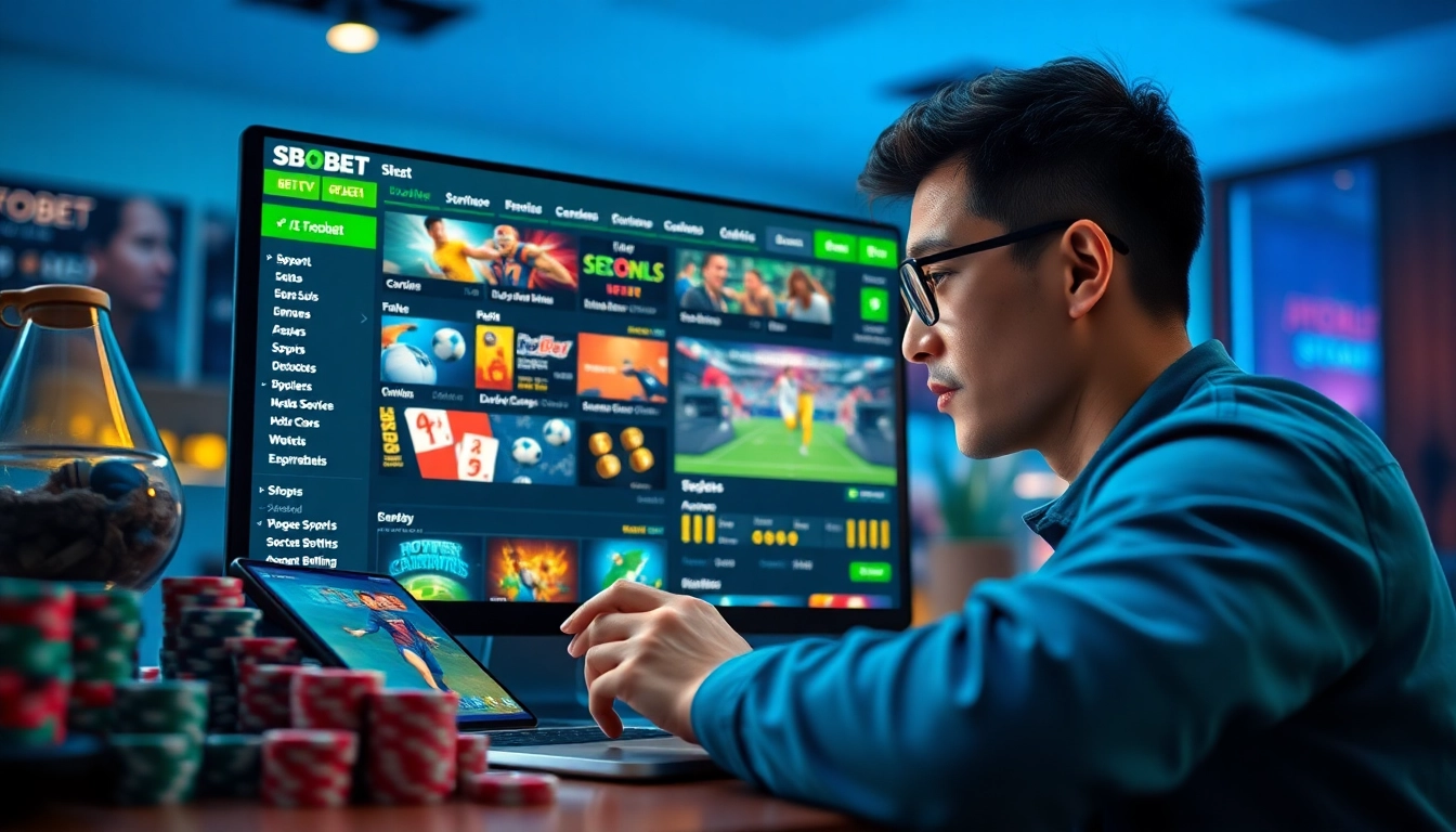 SBOBET.dance showcases an engaging online betting interface, featuring a user immersed in various gaming options.