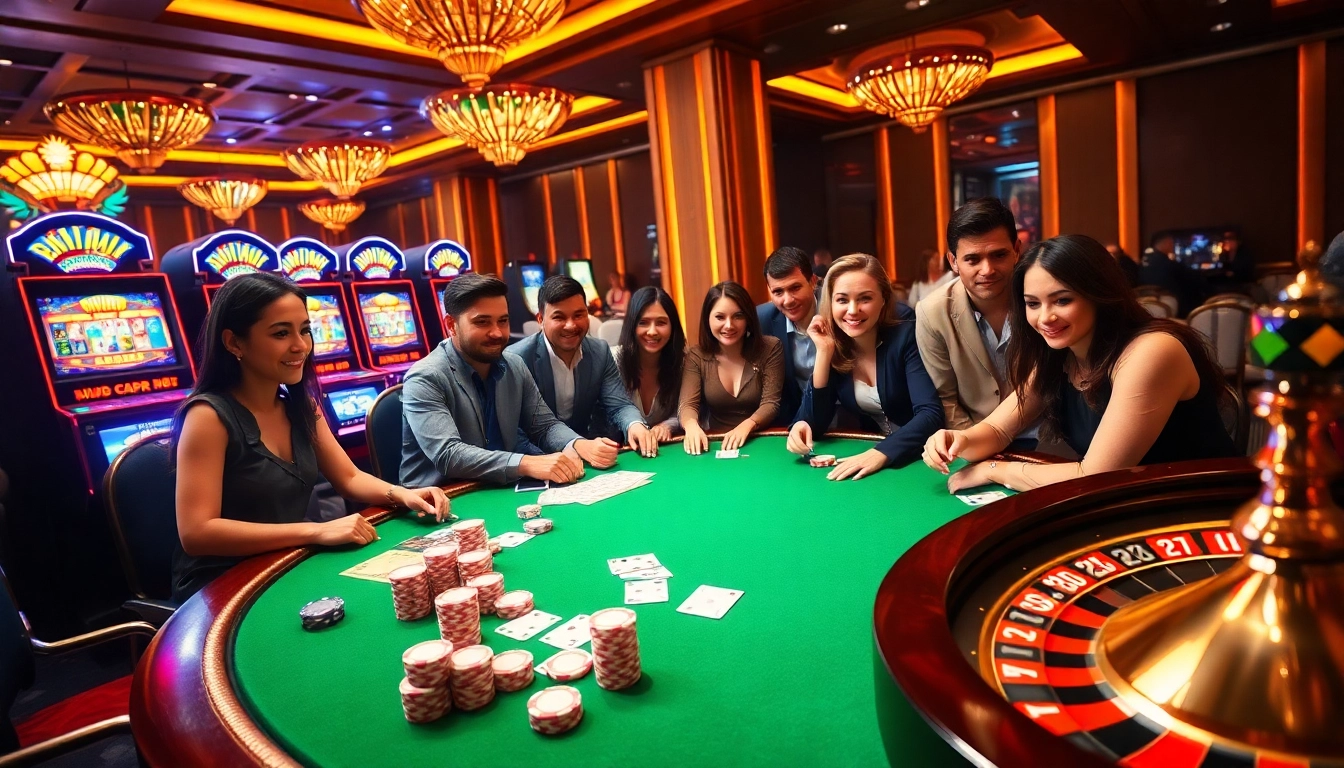 VIPWIN players enjoying a thrilling casino experience with vibrant slot machines and poker tables.