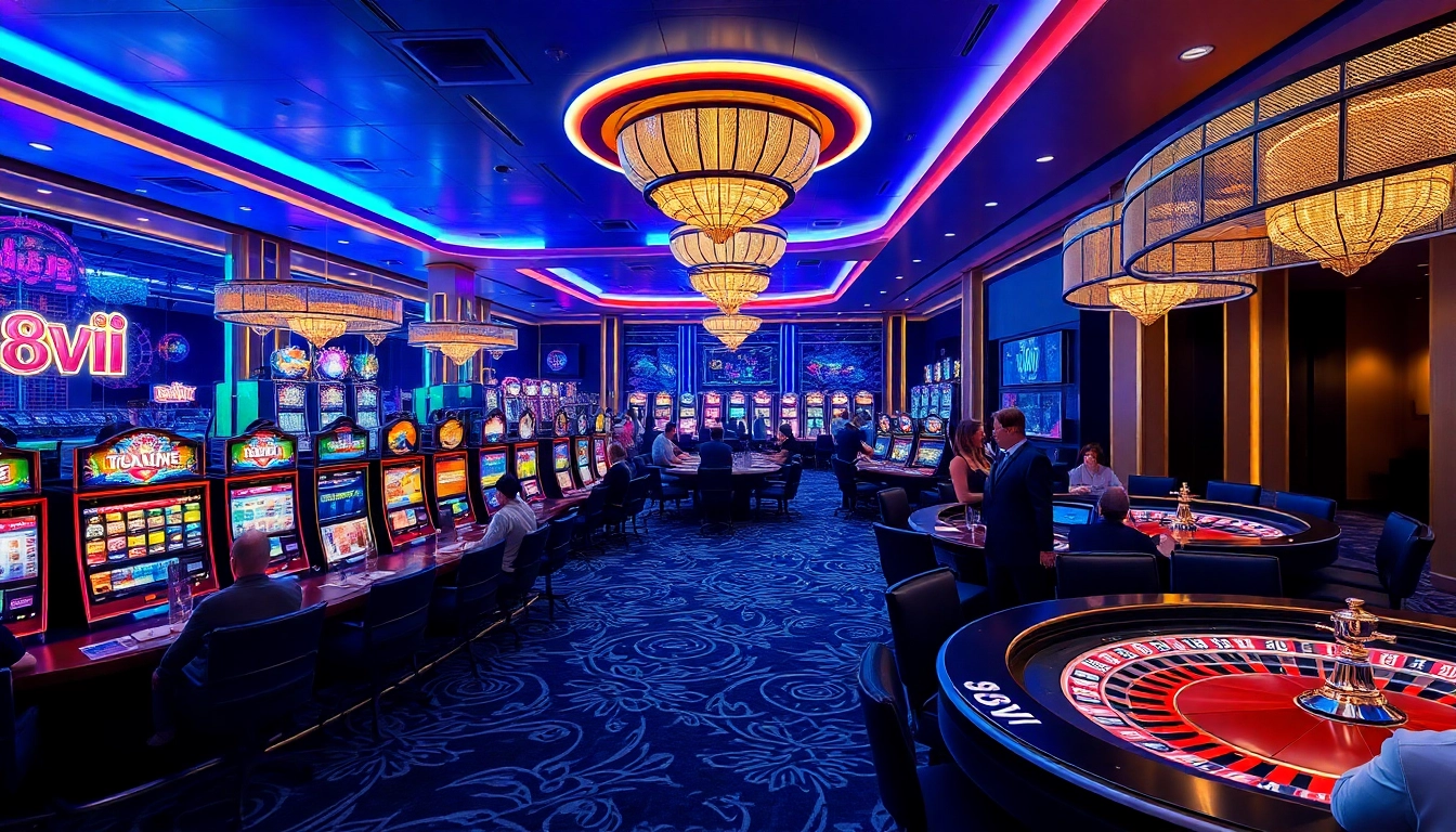 Players enjoying a thrilling experience at 888VI casino, featuring colorful slots and poker tables.