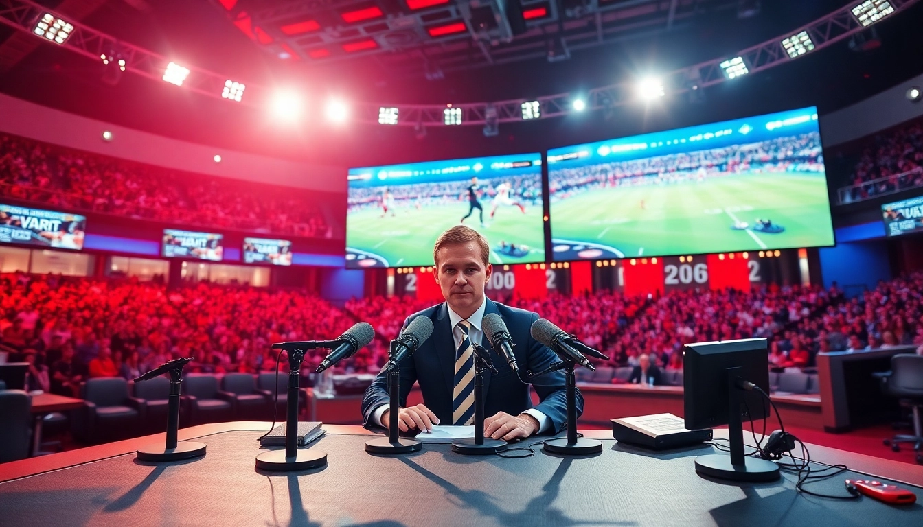 Sports Broadcasting studio with an announcer delivering live commentary and modern technology.