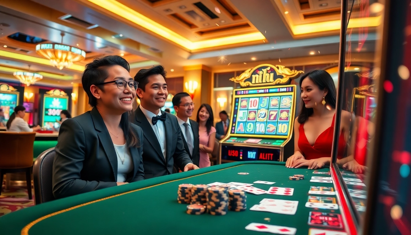 Play exciting nổ hũ on luxurious slot machines at a vibrant casino.