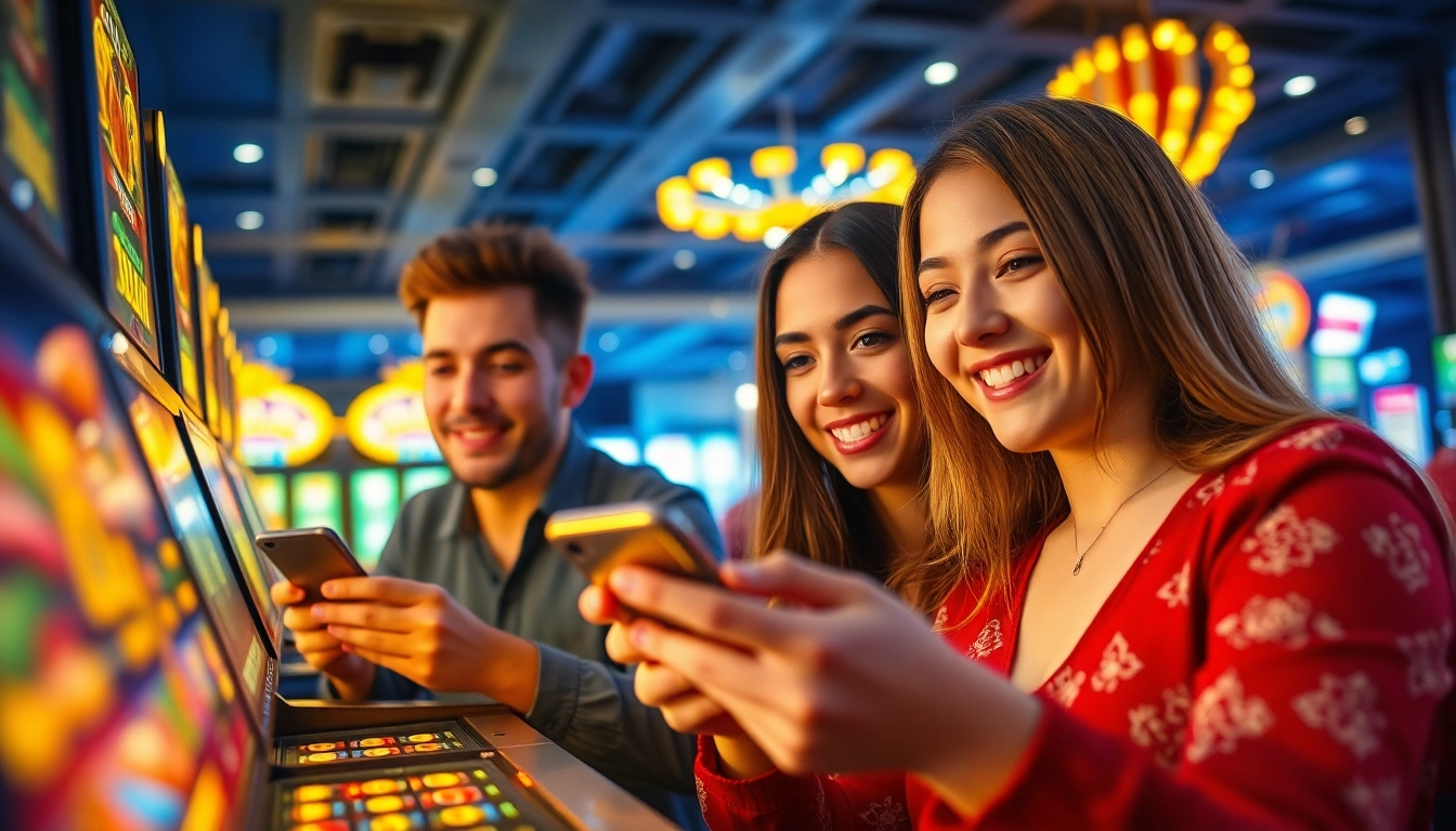 Exciting online gambling scene highlighting players engaging with hello88win.live mobile app, featuring vibrant casino elements.