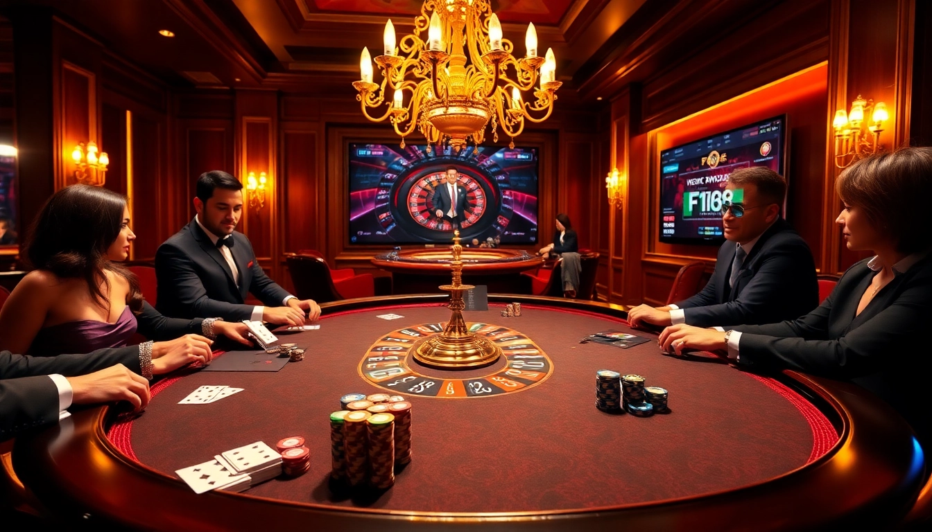 Players engaged in thrilling poker action at a luxurious F168-themed casino table.