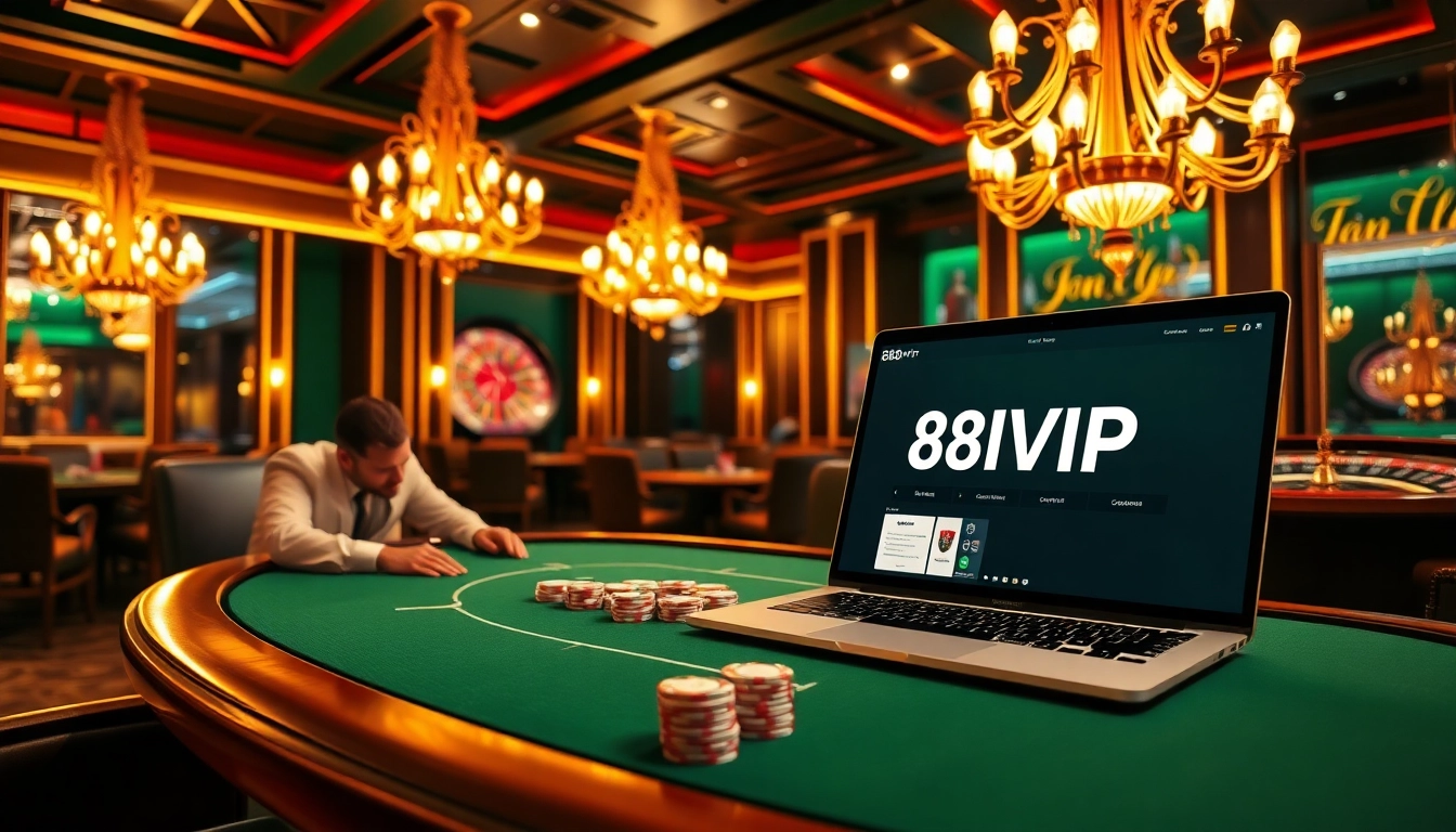 Gamble responsibly with 68VIP in a luxurious casino atmosphere featuring poker and roulette.