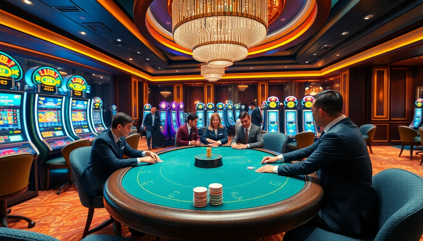 Players enjoying a thrilling poker game at LIXI88 casino, surrounded by vibrant slot machines and roulette wheels.
