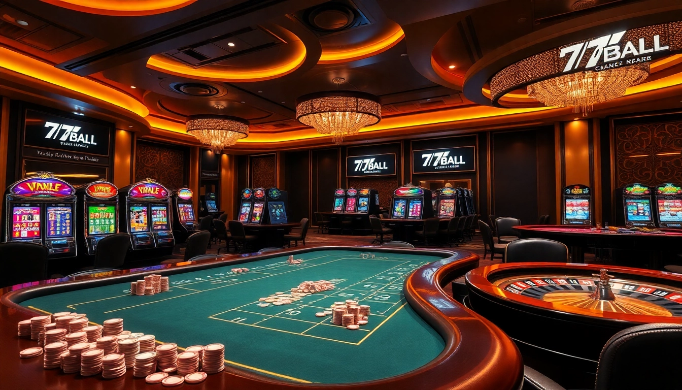 Exciting gaming action at 77BALL casino with vibrant slot machines and poker chips.