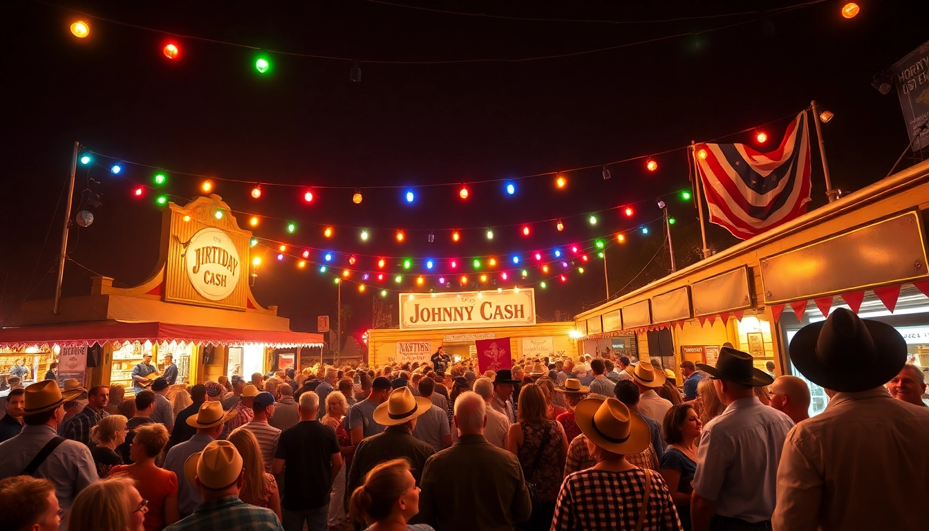 Join the celebration at johnnycashbirthday.com with vibrant crowds and live music honoring Johnny Cash.