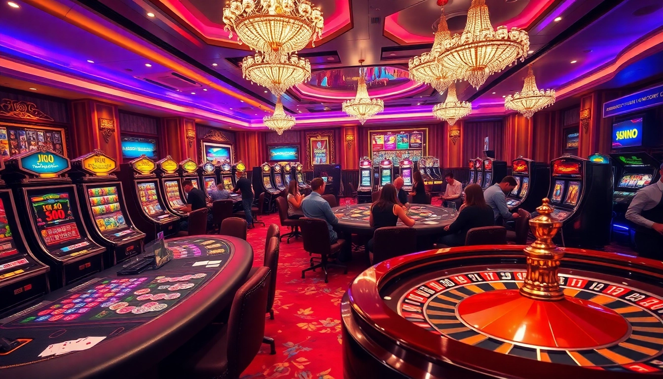 Action-packed gameplay at JBO Vietnam's luxurious casino showcasing vibrant slot machines and excited players.