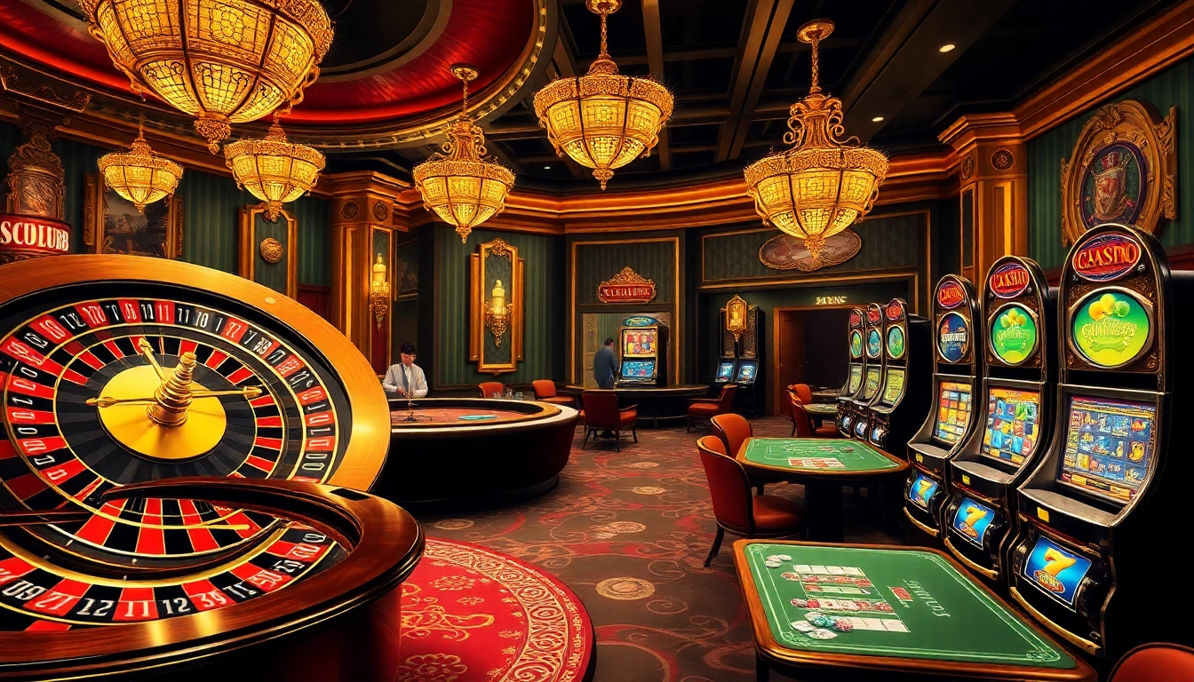 SCLUB88 casino scene featuring vibrant poker tables, roulette wheel, and luxurious decor.
