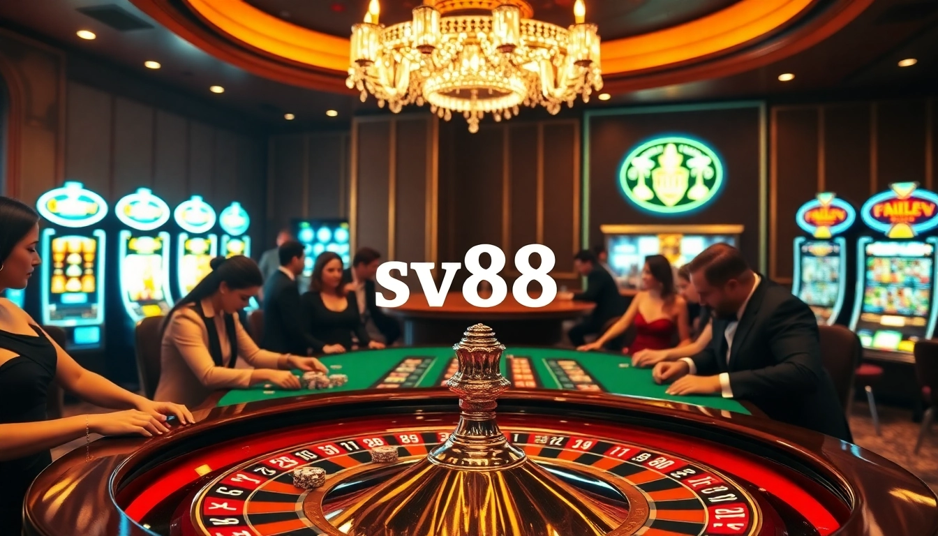 Players place bets at a luxurious SV88 casino roulette table, exuding excitement and elegance.