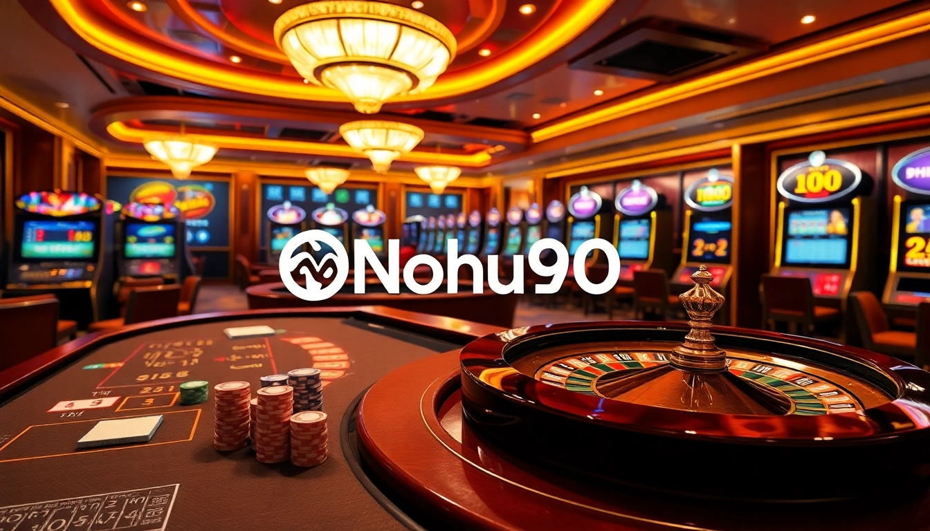Nhã cái Nohu90 offers an exciting online gambling experience with poker chips and roulette wheels.