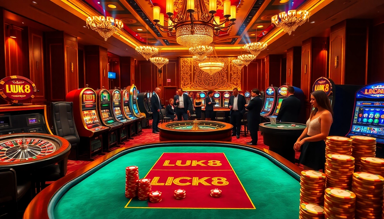 LUCK8 poker players excitedly engaging at a luxurious casino table with vibrant games.