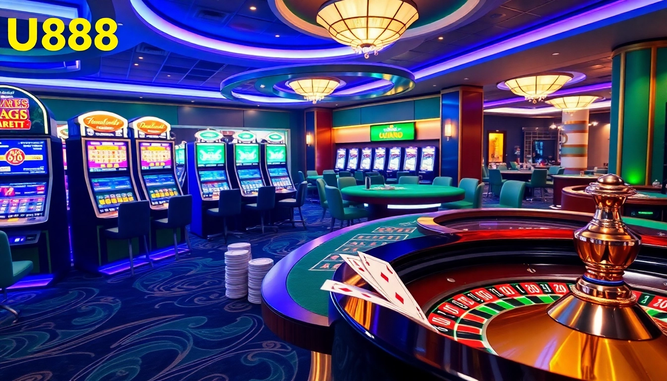 Experience the thrill of betting at U8888 with luxurious casino elements like poker chips and slot machines.