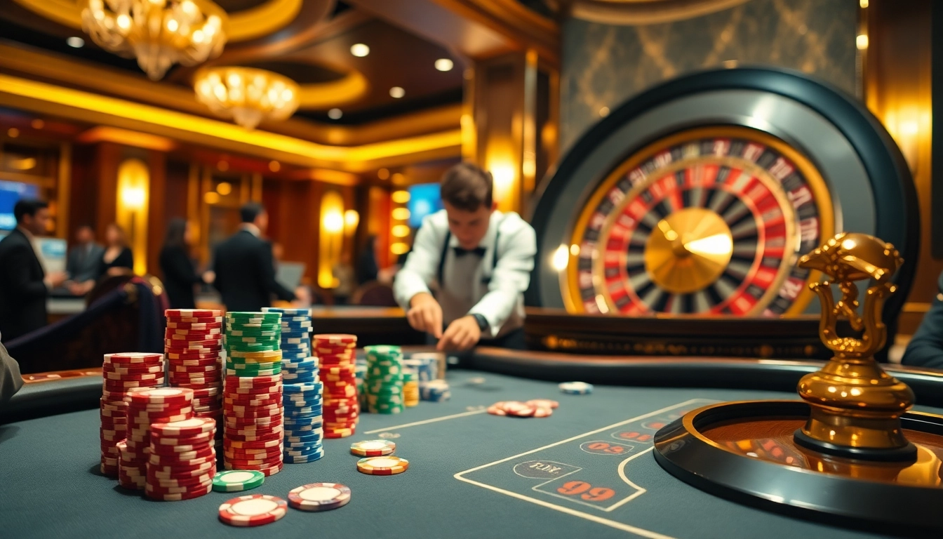 Engage in thrilling gameplay at fun88 trang chủ with players placing bets at a luxurious poker table.
