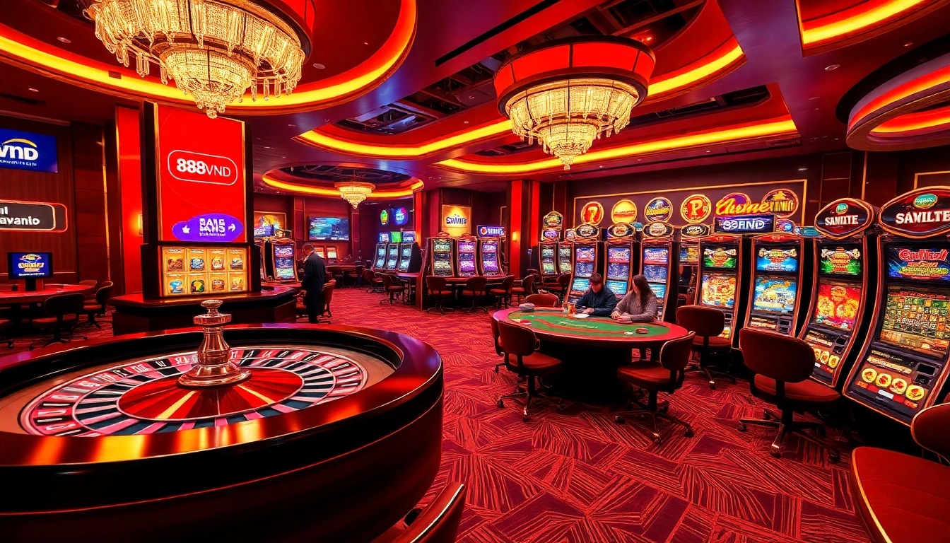 Experience the thrill of gambling at 888VND's vibrant casino with players at roulette and poker tables.