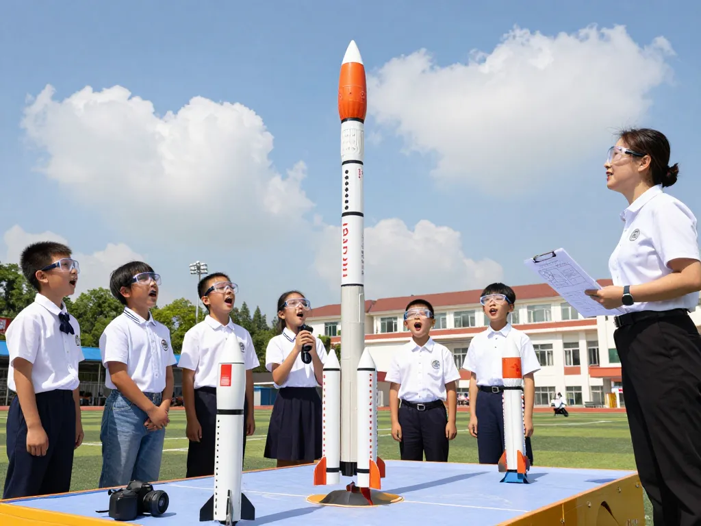 Children watching a model rocket launch demonstrating model rocket motors at a school STEM event.