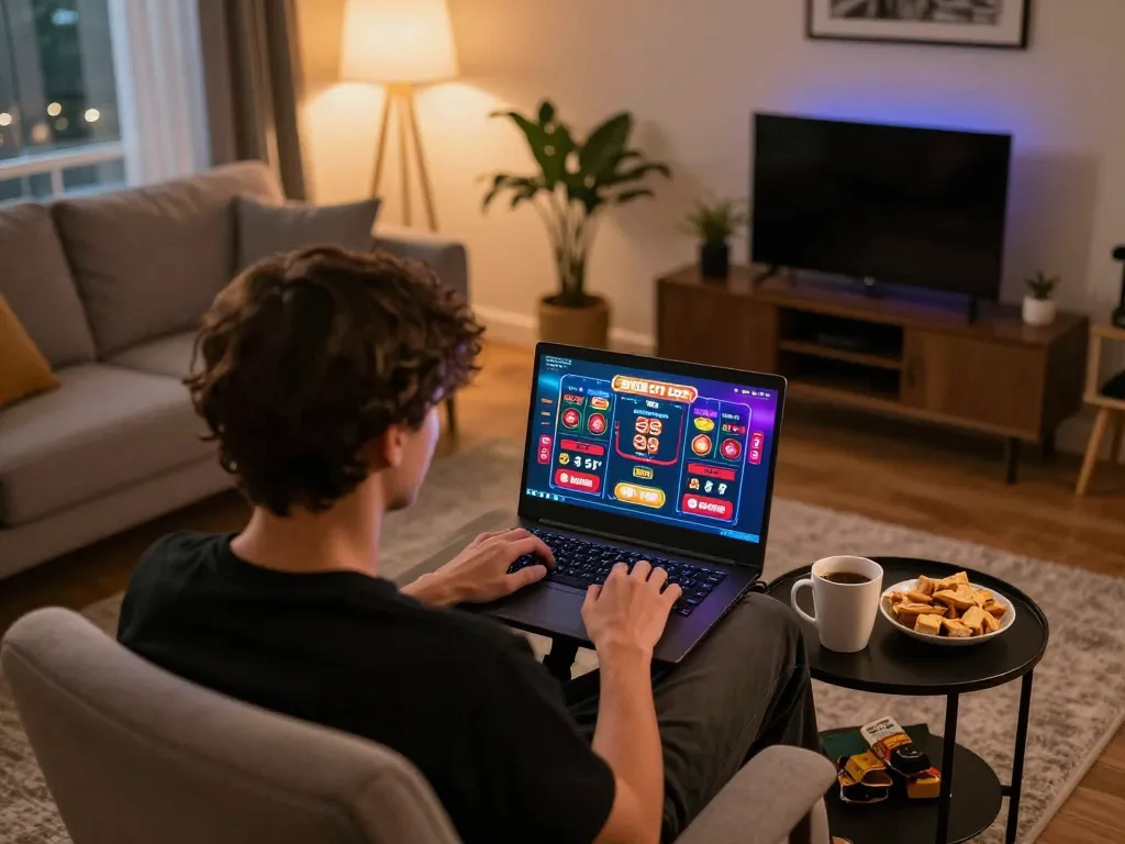 Engaged player using SHBET COM for online casino gaming at home in cozy setup