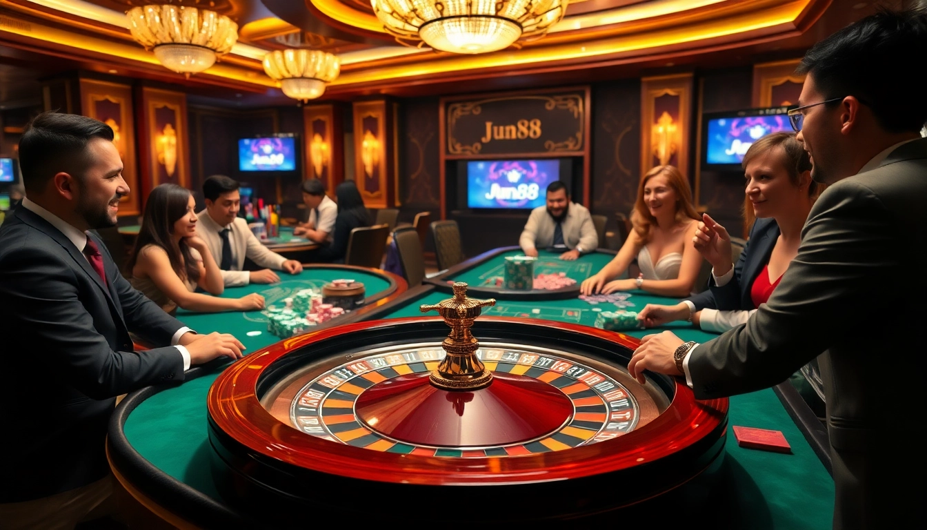 Players enjoying high-stakes action at a casino, with the link vào jun88 prominently featured.