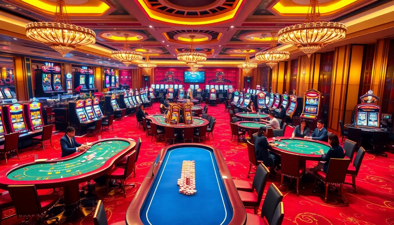 Bustling casino scene depicting gaming excitement at https://bem88.com with blackjack tables and vibrant slot machines.