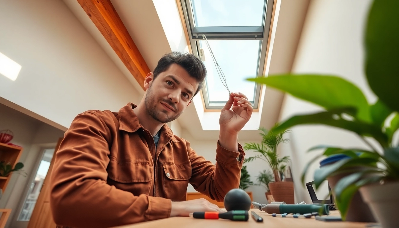 Expert Velux repairs service technician inspecting a skylight for leaks.