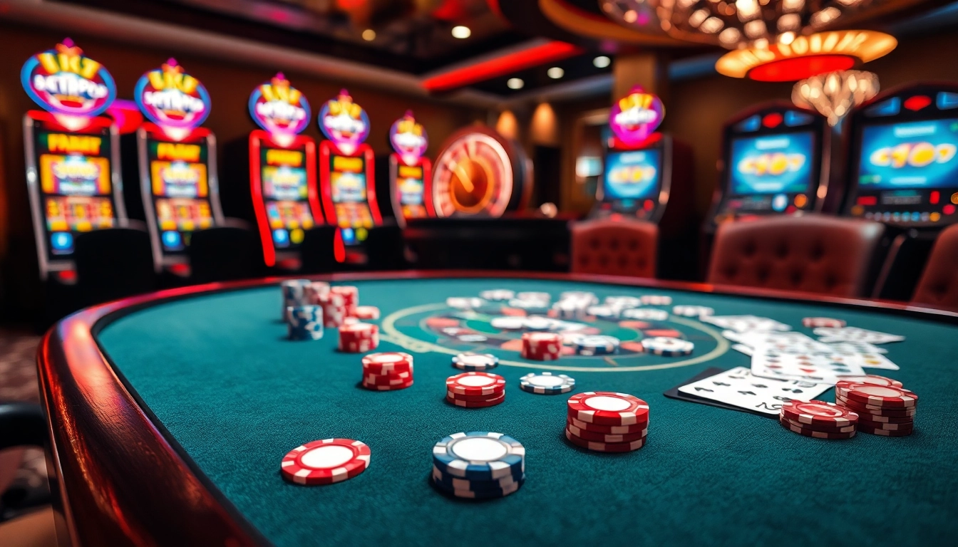 A vibrant poker table showcasing luck8.jpn.com gaming excitement with chips and cards.