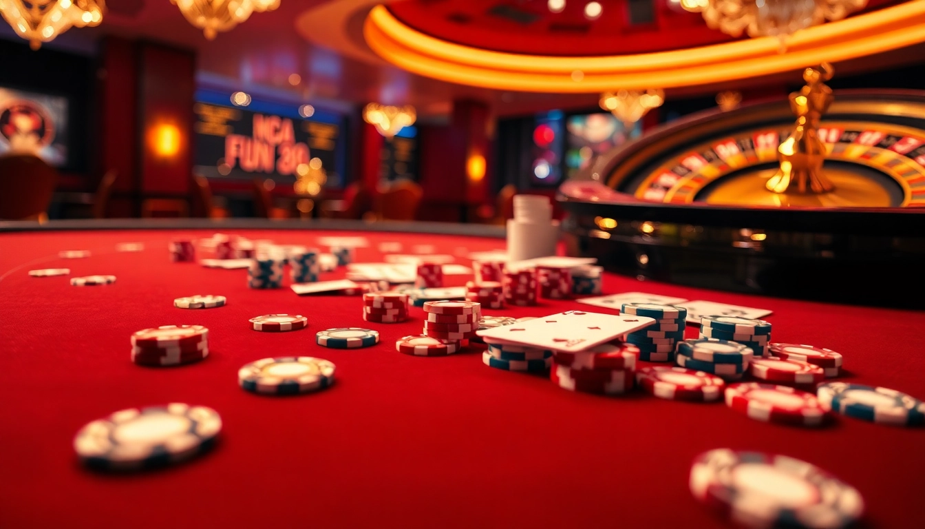 Exciting FUN88 gambling scene featuring poker chips and cards on a stylish casino table.