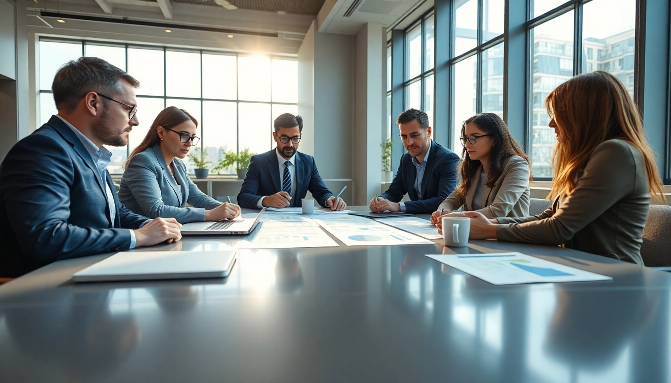 Mergers and acquisitions in the US discussed by diverse business professionals in a modern office.