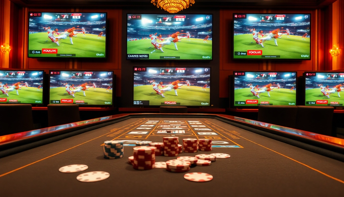 Socolive streaming football matches while engaging in online gambling at a luxurious casino.
