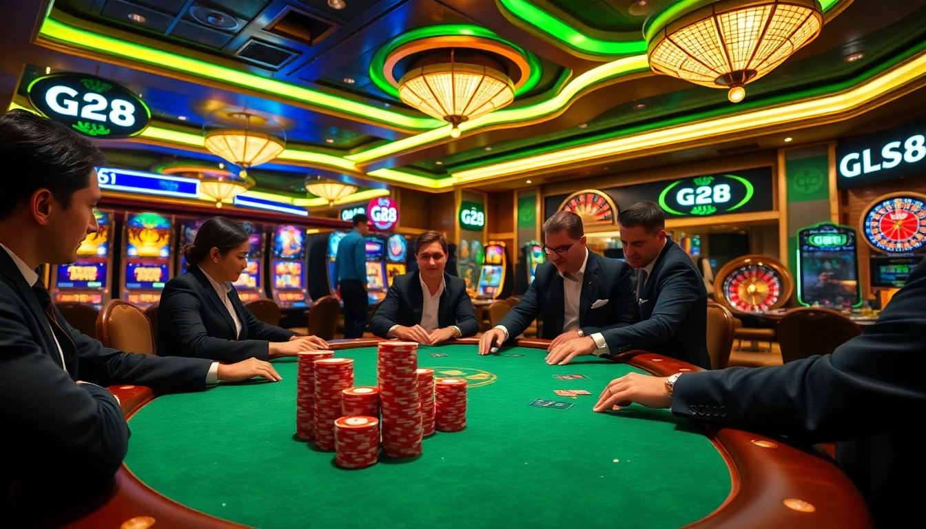 Experience high-stakes gaming at G28's luxurious casino with poker tables and vibrant slot machines.