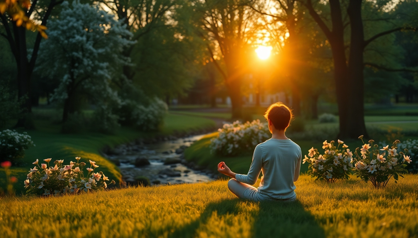Meditator in a serene park representing mental wellness through nature's calming elements.