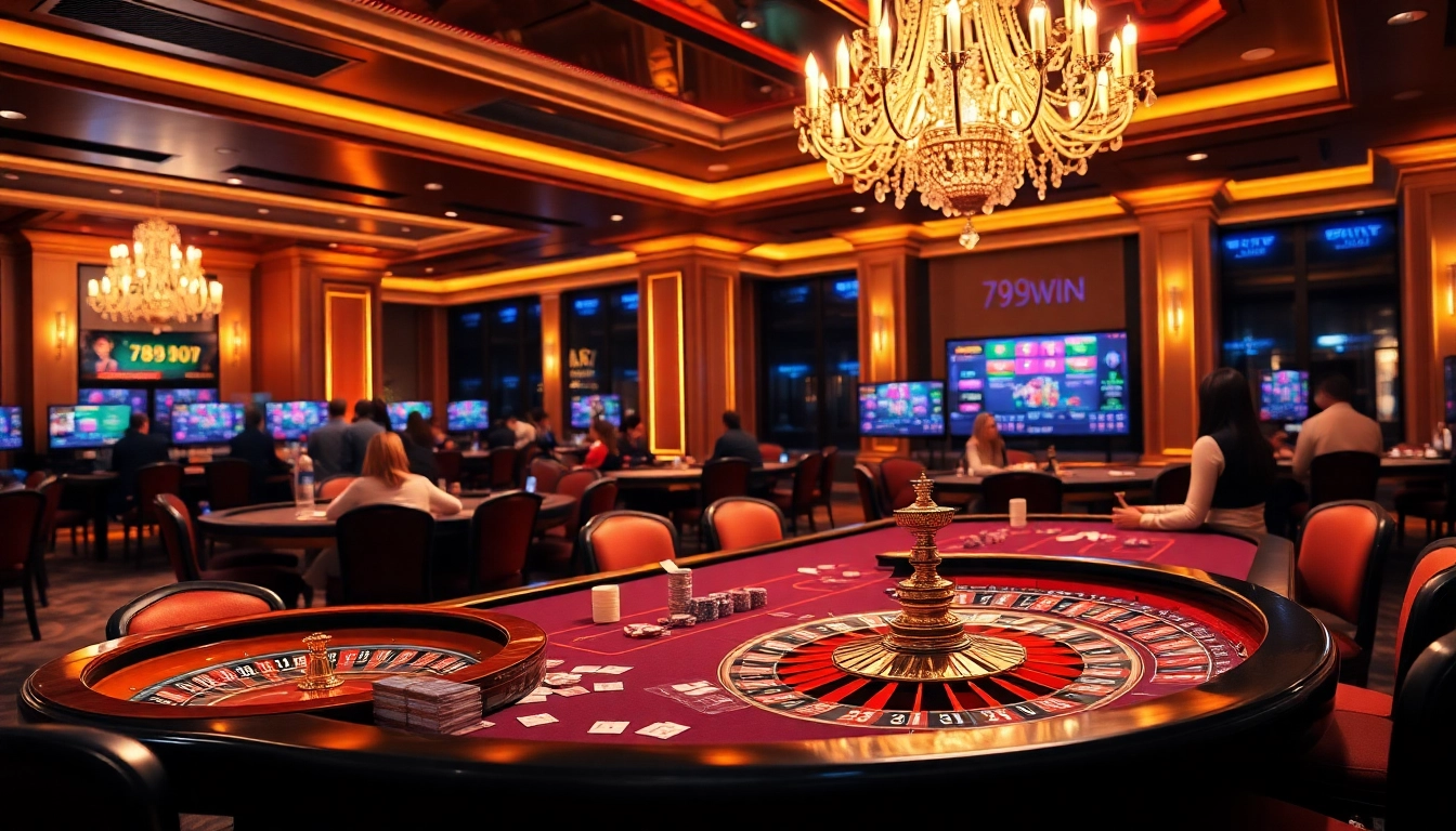 Experience the excitement of 789win with vibrant casino games and engaging players in a luxurious setting.